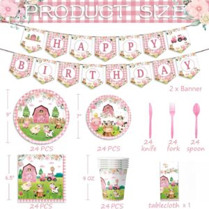 171Pcs Farm Animals Party Supplies Tableware Set Cute Pink Animal Baby Shower Includes Plate Napkins Cups Farm Tablecloth Banner for Farm Birthday Party Barn Animal Theme Party