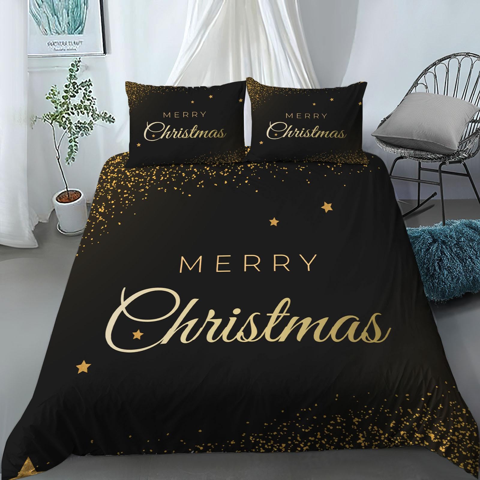 Light Luxury Merry Christmas Kid's Duvet Cover, Star Gold Powder Black Duvet Cover, Soft Warm Microfiber Breathable 3 Pieces Quilt Cover Set for Children Men Women 2 Pillow Shams (King 104" X 90")