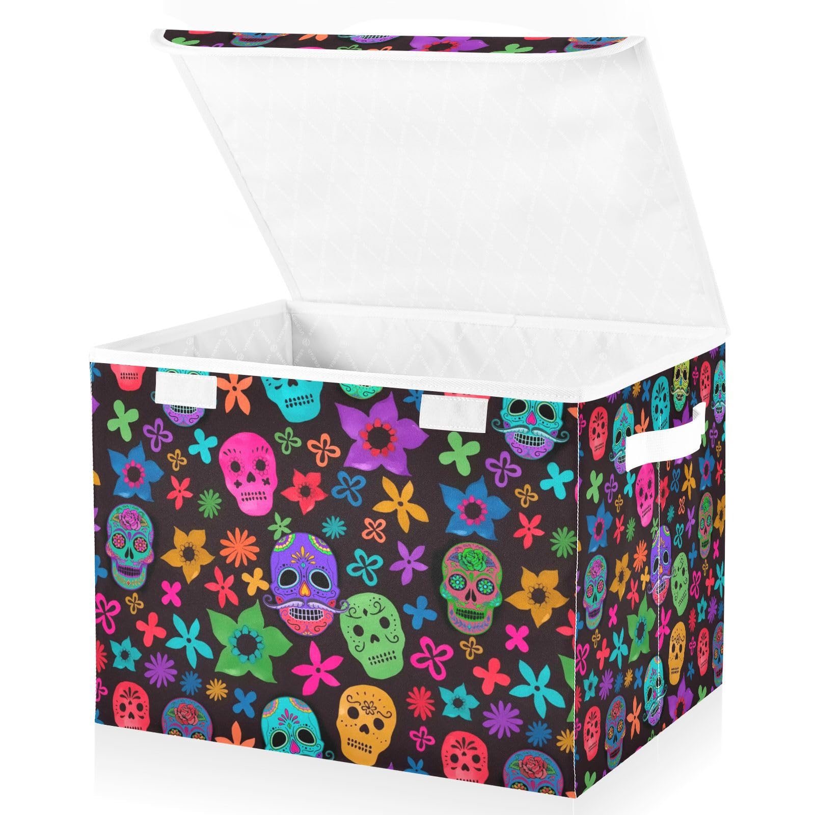 MFTJYO Sugar Skull Day Of Dead Storage Bin with Lid Foldable Storage Box Washable Fabric Storage Cubes Bin Organizer Basket Closet for Home Bedroom Closet Nursery Office