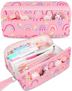 lisevo aesthetic cute large pencil case, unique big capacity colored rainbow pencil cases pouch school office stationery organizer bag for girls women with compartments & zipper