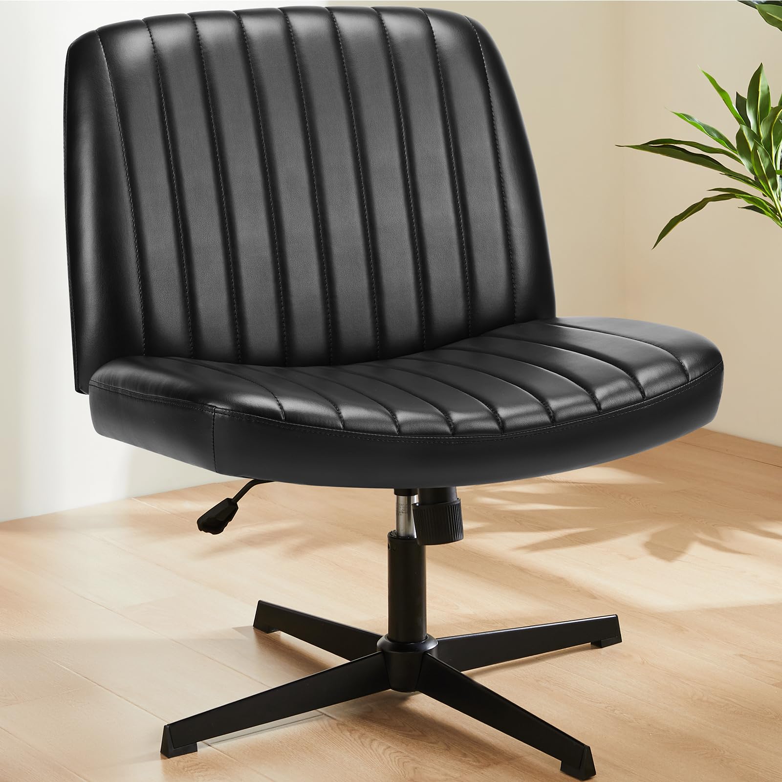 Sweetcrispy Office Chair No Wheels - Armless Desk Chair No Wheels Cross Legged Office Chair Wide Swivel Leather Home Office Desk Chairs