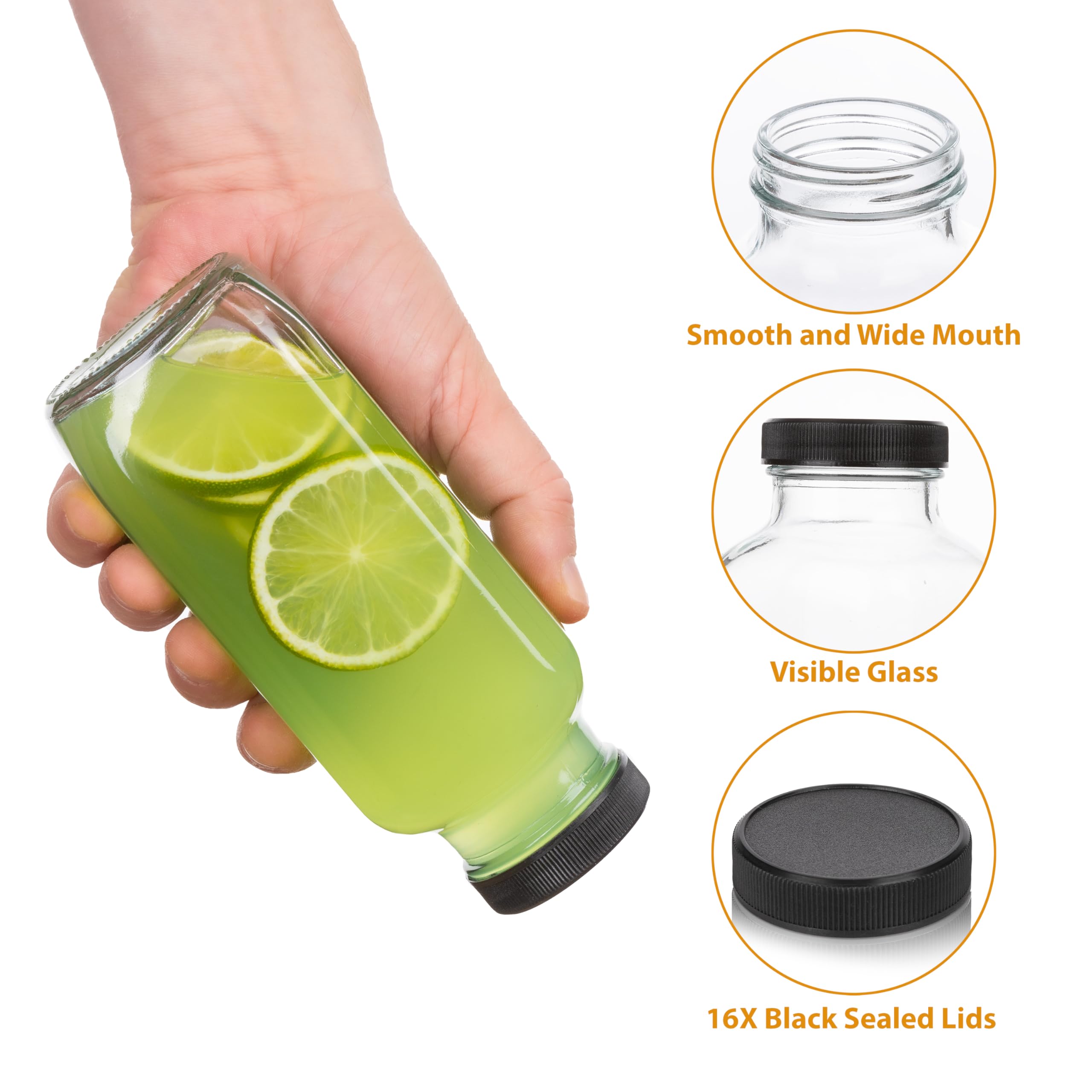 umud Juice Bottles with Lids, 16 Oz - Set of 3 - Clear Glass Jars with Caps - Reusable Empty Drink Containers for Juicing, Smoothies, Water, Milk, Kombucha Storage, Wellness Shots and More (8)