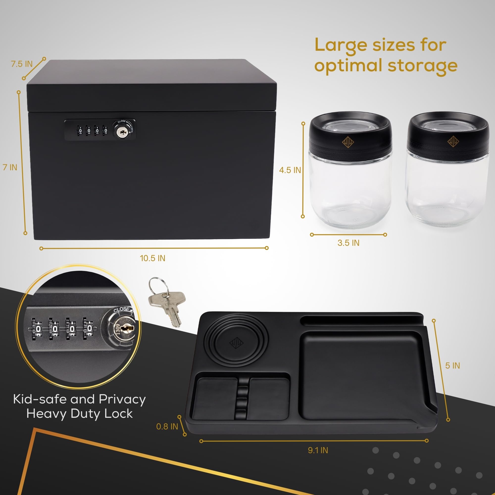 J.LIBERTY Wooden Stash Box with Lock - Includes 2 Glass Stash Jars and RemovableTray - Decorative Box (Matte Black) (XL)