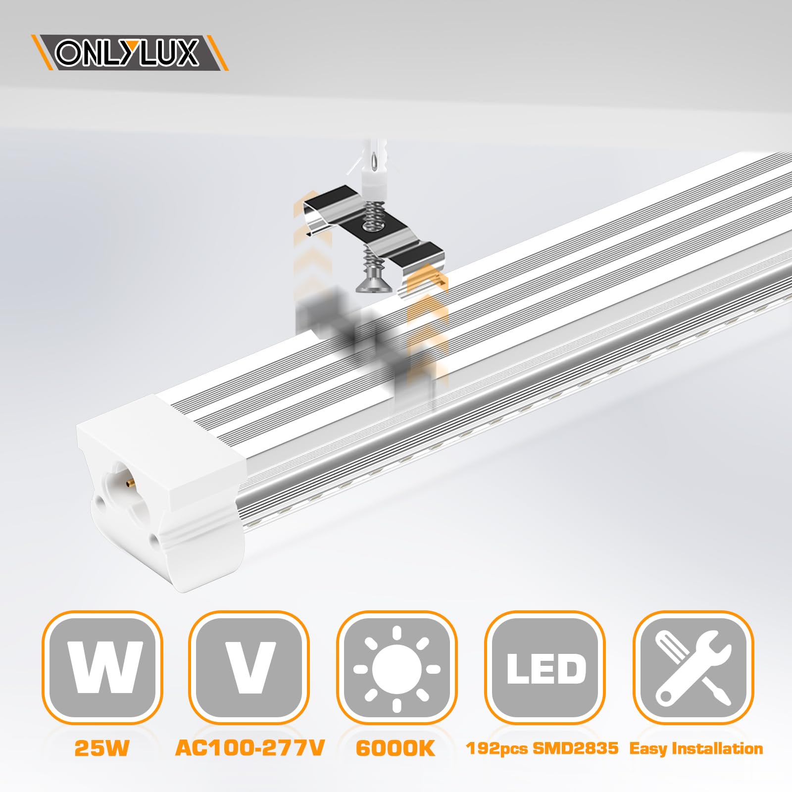 ONLYLUX LED Shop Lights, LED Tube Light 25W 6000K, Led Garage Light, Super Bright, Under Cabinet Lighting, Linkable with Plug LED Light for Workbench Workshop Basement (2 Pack)