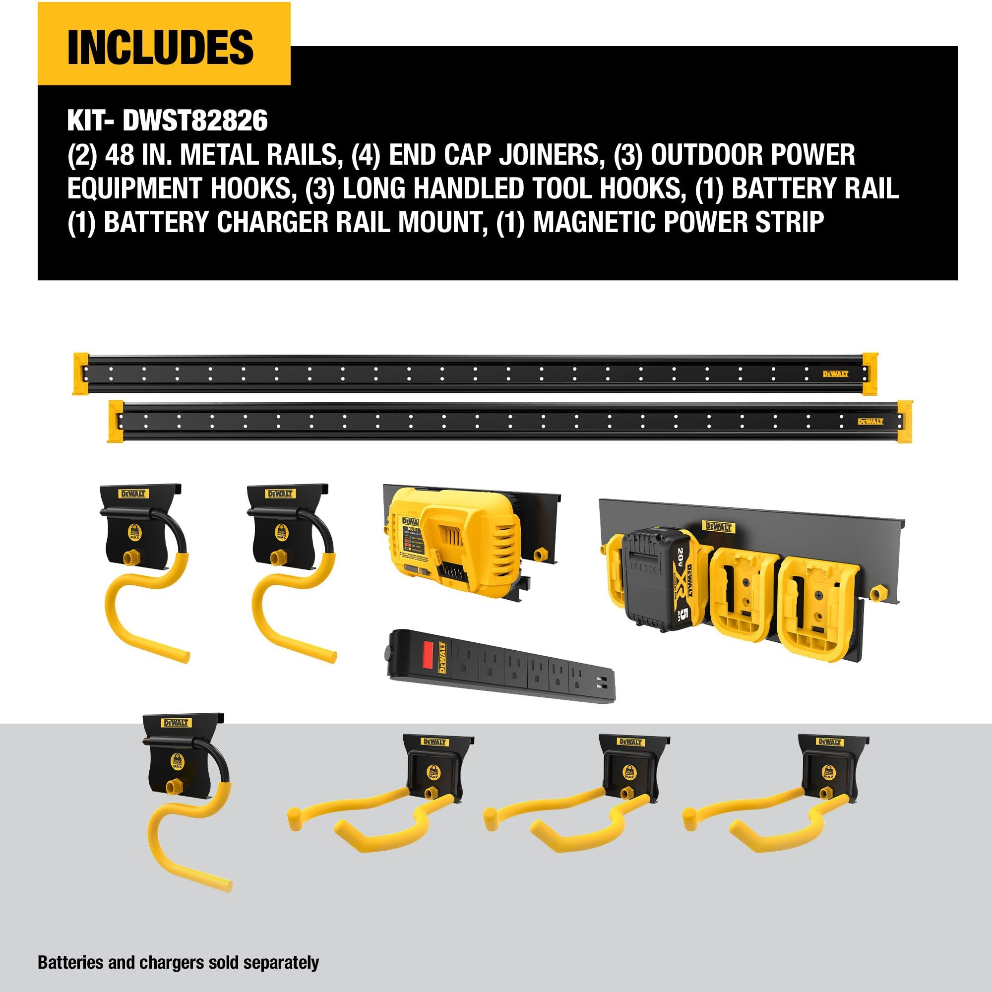 DEWALT Tool Organizer, Wall Mount, Kit for Lawn & Garden Tools, Includes Hooks, 2 Metal Rails, Charger Mount and Magnetic Power Strip, DEWALT Workshop Storage System Compatible (DWST82826)