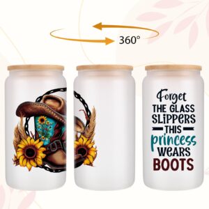 LEADO Western Cowgirl Hat Cups, Cowgirl Boots Glass Cup Mug, 16 oz Frosted Iced Coffee Cups w/Lid & Straw, Cowgirl Gifts, Western Stuff Gifts - Birthday, Christmas, Western Gifts for Women