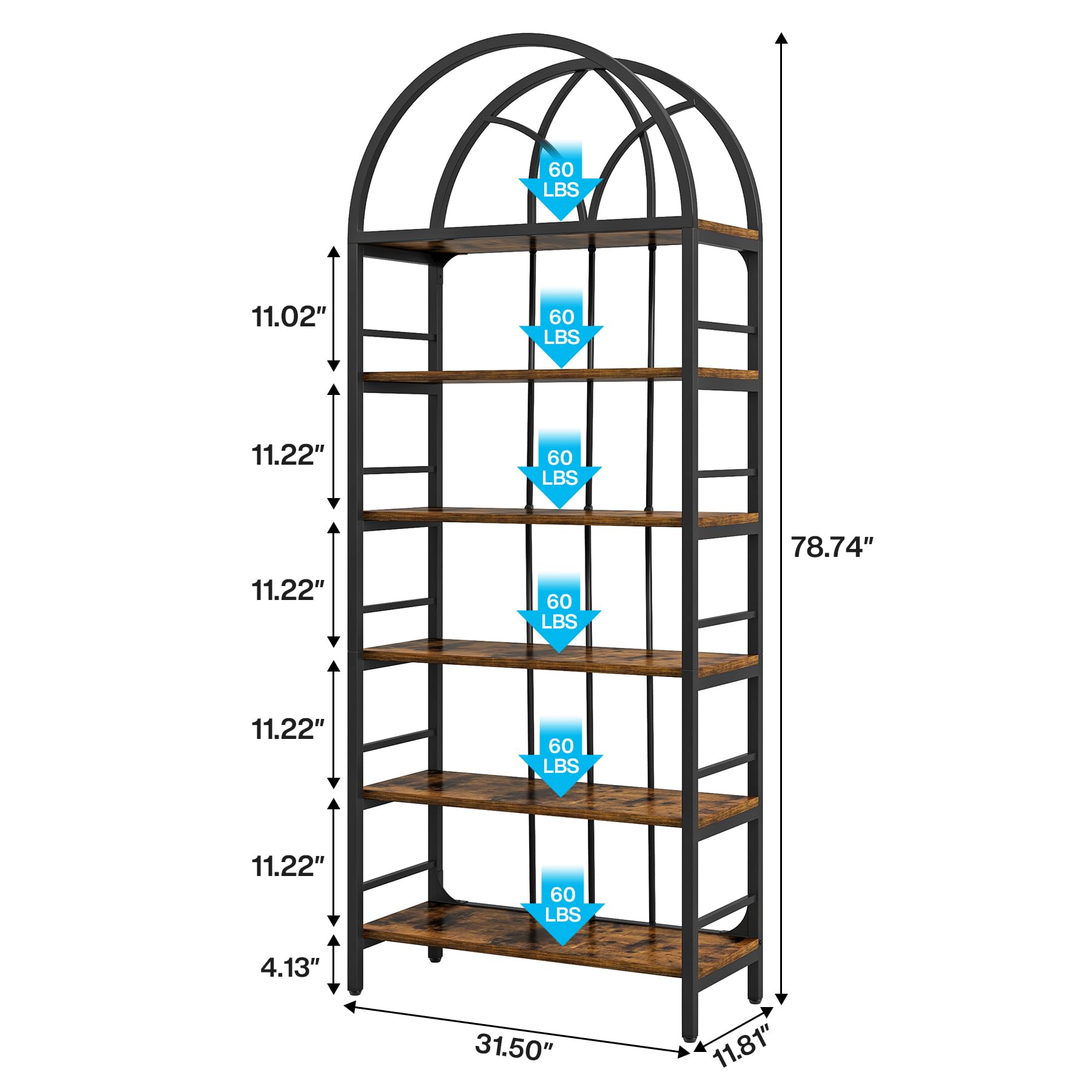 Tribesigns Bookshelf, 6-Tier Tall Arched Bookshelves, 78.7" Industrial Metal Open Bookcase and Bookshelves, Free Standing Storage Shelving Unit for Home Office, Living Room and Bedroom