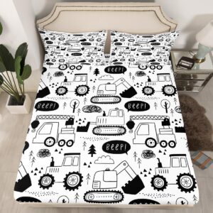 cartoon cars kids fitted sheet full size,tractor truck excavator toddler bedding set,girls boys adults room decor,construction vehicles bed cover,black white chic bed sheet,2 pillowcases