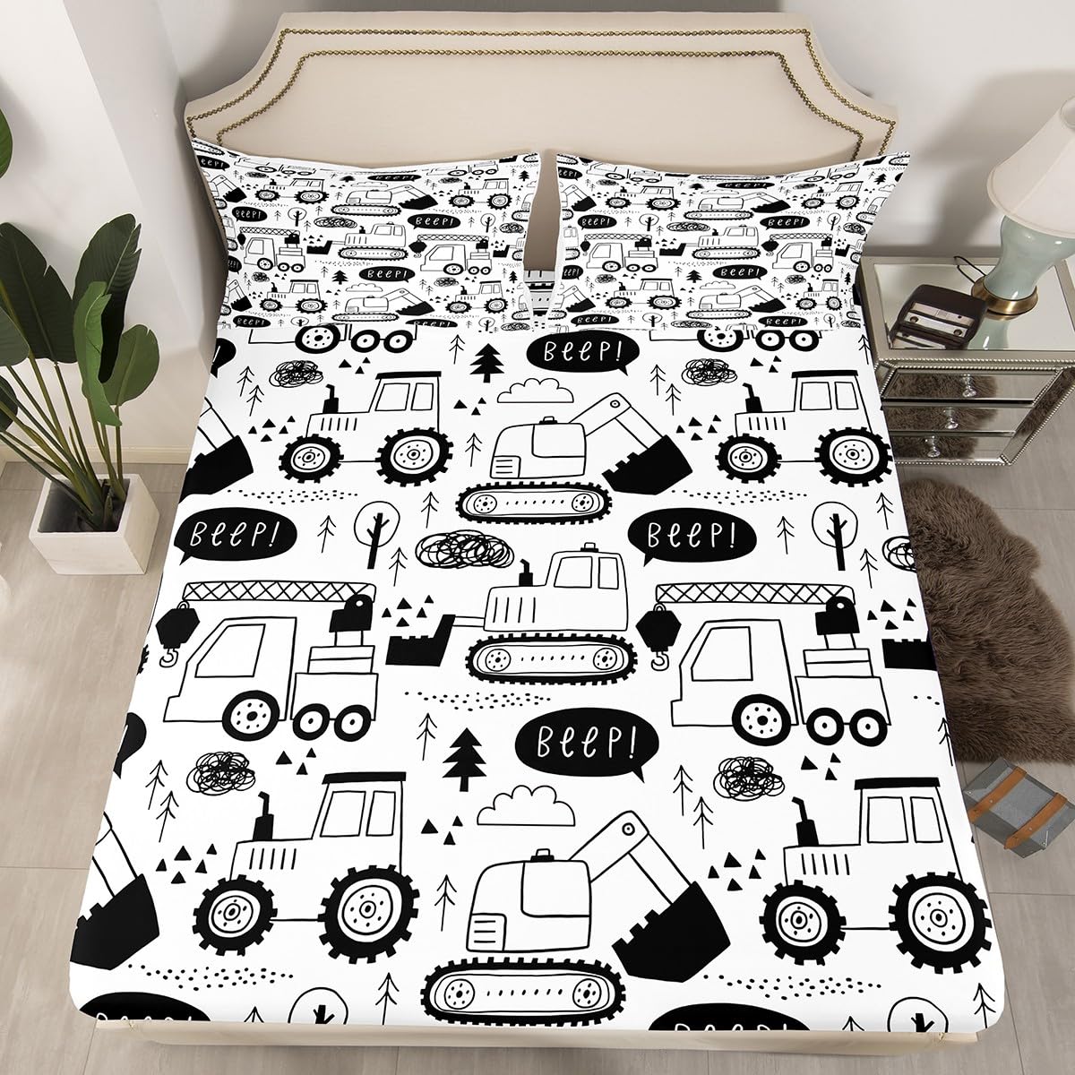 Cartoon Cars Kids Fitted Sheet Full Size,Tractor Truck Excavator Toddler Bedding Set,Girls Boys Adults Room Decor,Construction Vehicles Bed Cover,Black White Chic Bed Sheet,2 Pillowcases