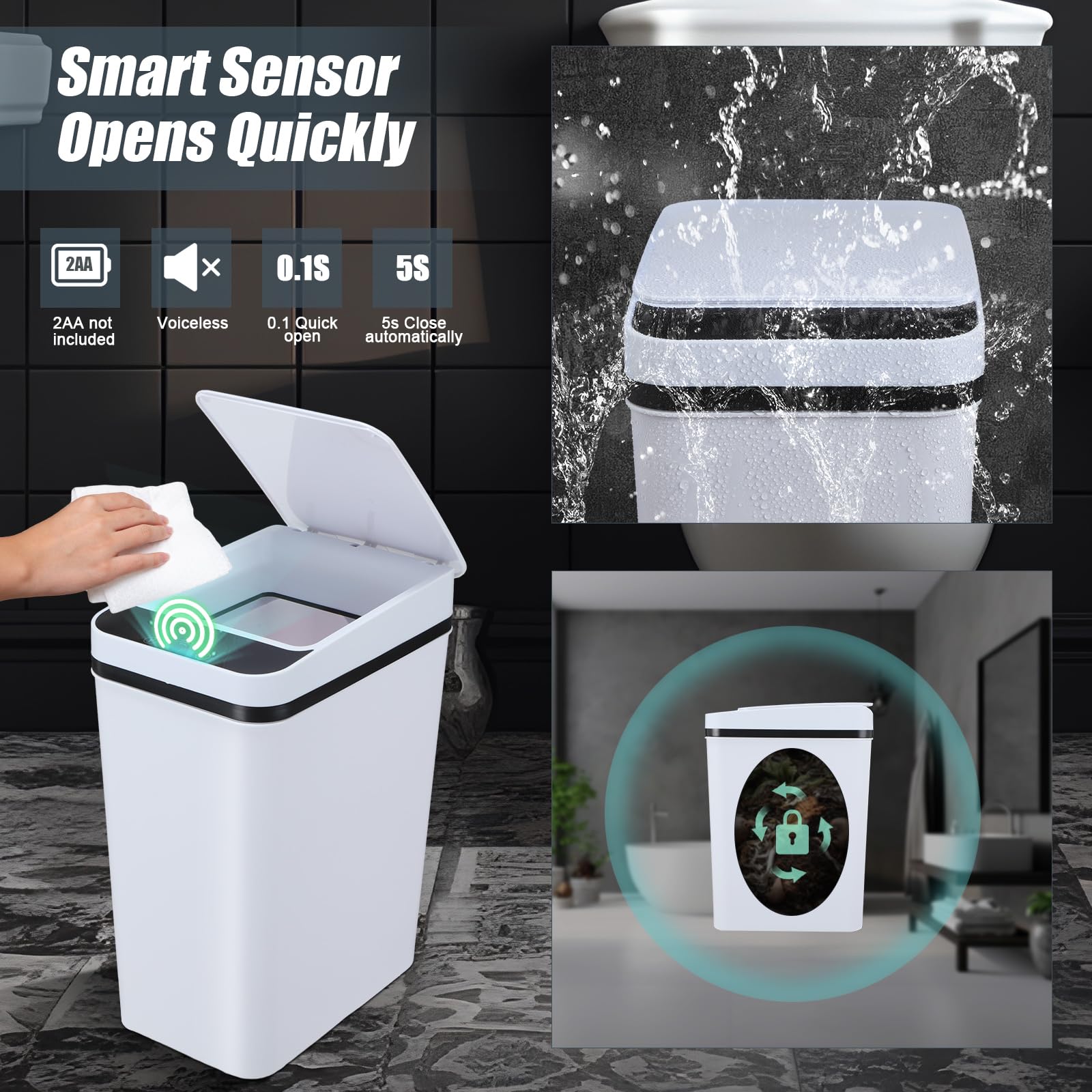 Maxcheck 3 Pcs Automatic Bathroom Trash Can with Lid 3 Gallon Touchless Motion Sensor Small Slim Garbage Can Smart Electric Narrow Waterproof Garbage Bin for Kitchen Bedroom Office Toilet, White