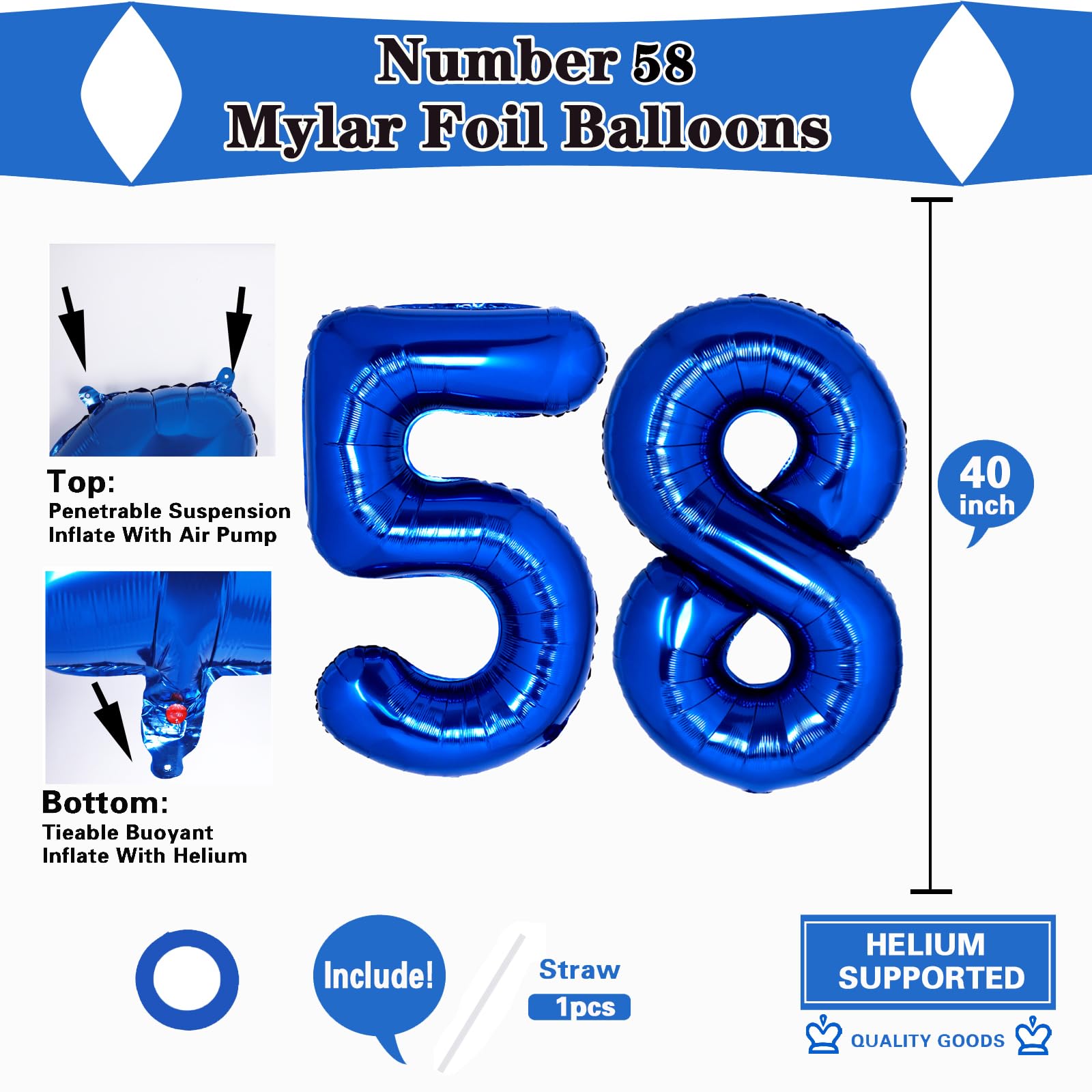 UWPVOWSR Blue Number 58 Balloons 40 inch Foil Number Balloon 58th Birthday Balloons Digit 58 Helium Big Balloons for Birthday Party Decorations Wedding Bachelorette Bridal Shower, Blue Number 58