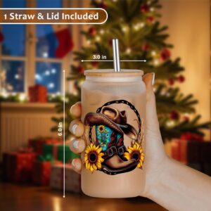 LEADO Western Cowgirl Hat Cups, Cowgirl Boots Glass Cup Mug, 16 oz Frosted Iced Coffee Cups w/Lid & Straw, Cowgirl Gifts, Western Stuff Gifts - Birthday, Christmas, Western Gifts for Women