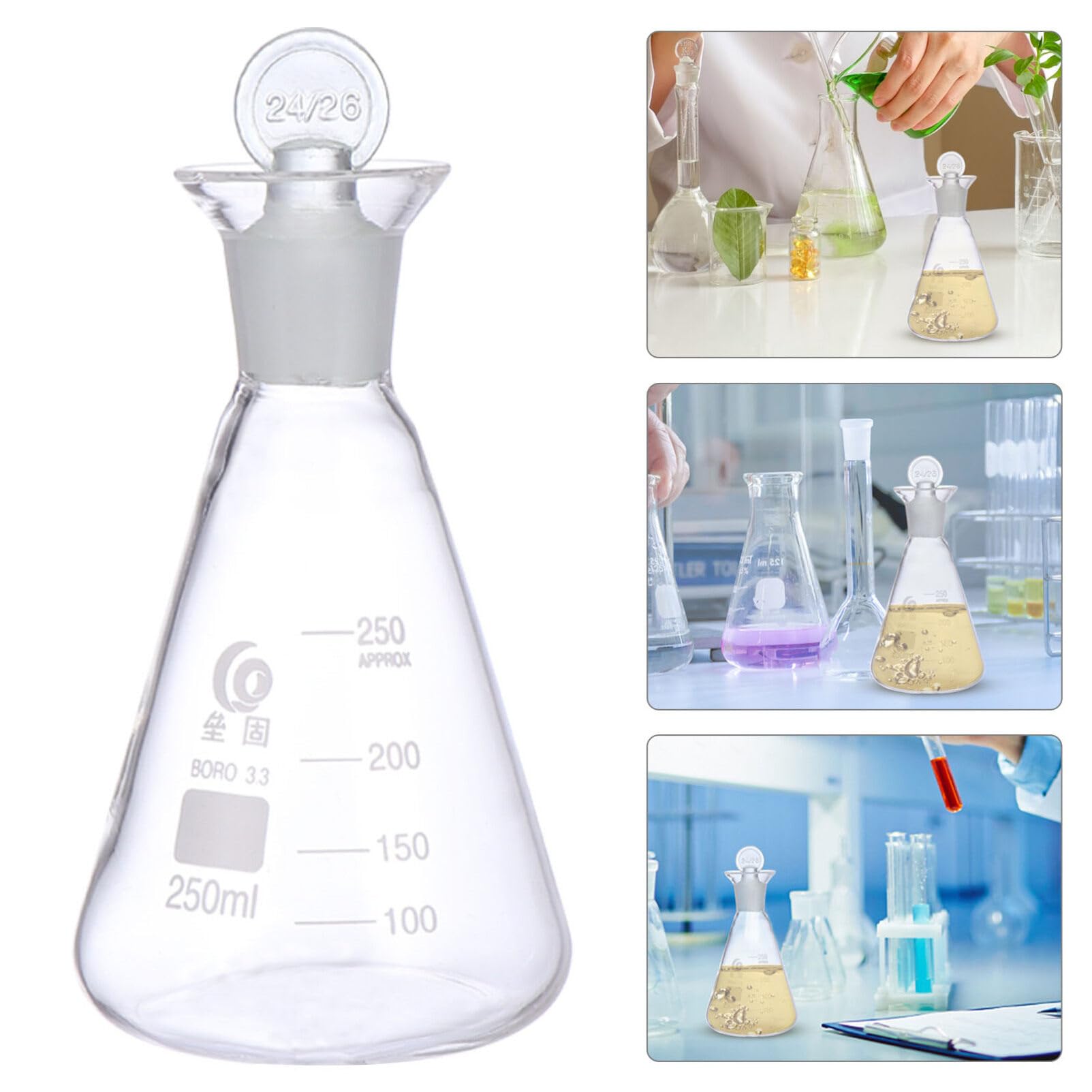 ULTECHNOVO Erlenmeyer Flask, Glass, 250 ml Narrow Mouth Conical Flasks with Ground Glass Stoppers, Graduated Borosilicate Glass Flask for School Lab Experiment