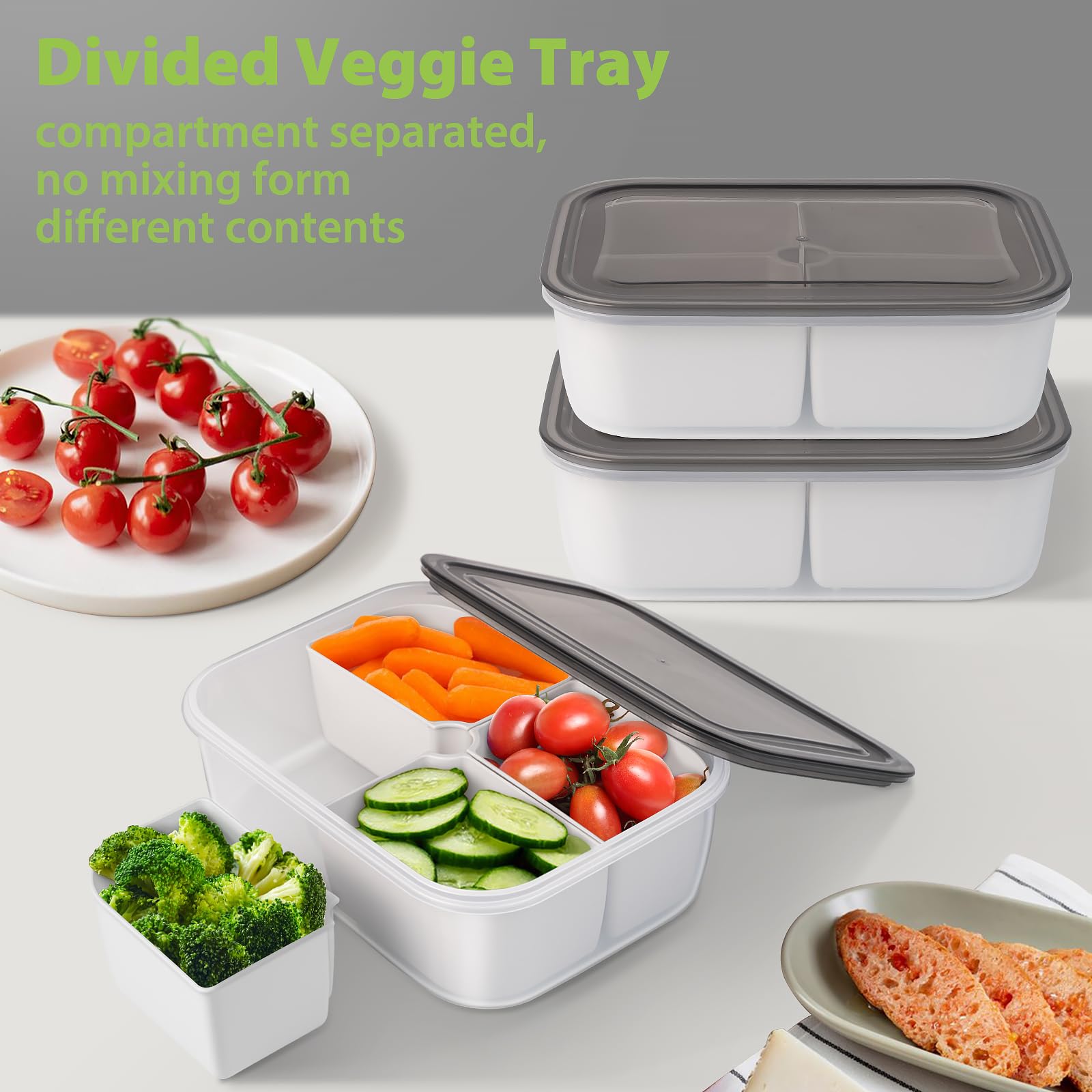 Freshmage® Veggie Tray with Lid, Small Divided Serving Tray Container with 4 Removable Compartments for Food Storage of Fruits/Vegetables/Snacks, DISHWASHER SAFE & BPA-FREE