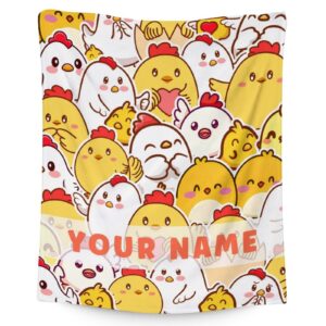 custom chicken blanket gifts with name - 50x60 inches cute throw blanket for girls & boys - yellow soft fuzzy plush blankets for bed, couch, sofa