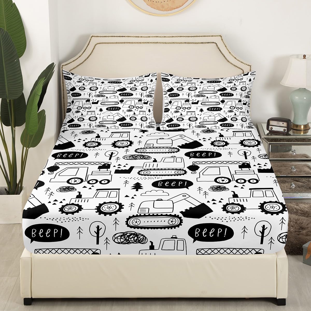 Cartoon Cars Kids Fitted Sheet Full Size,Tractor Truck Excavator Toddler Bedding Set,Girls Boys Adults Room Decor,Construction Vehicles Bed Cover,Black White Chic Bed Sheet,2 Pillowcases