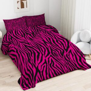 TBUEKLI Zebra Print Comforter Set Girls Women Pink Black Zebra Stripes Bedding Sets Full Animal Skin Decor Down Alternative Duvet Insert for Kids Teens Bedroom Dorm Room, Ultra Soft 3Pcs