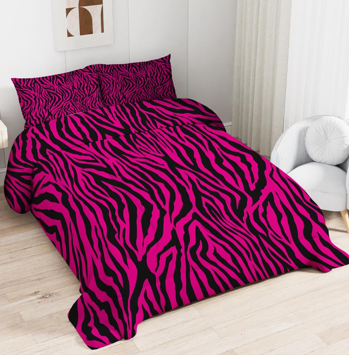 TBUEKLI Zebra Print Comforter Set Girls Women Pink Black Zebra Stripes Bedding Sets Full Animal Skin Decor Down Alternative Duvet Insert for Kids Teens Bedroom Dorm Room, Ultra Soft 3Pcs