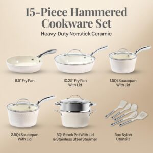 GOTHAM STEEL Hammered 15 Pc Ceramic Pots and Pans Set Non Stick, Kitchen Cookware Sets, Pot and Pan Set, Ceramic Cookware Set Non Toxic, Non Stick Pots and Pan Set Dishwasher Safe, Cream White