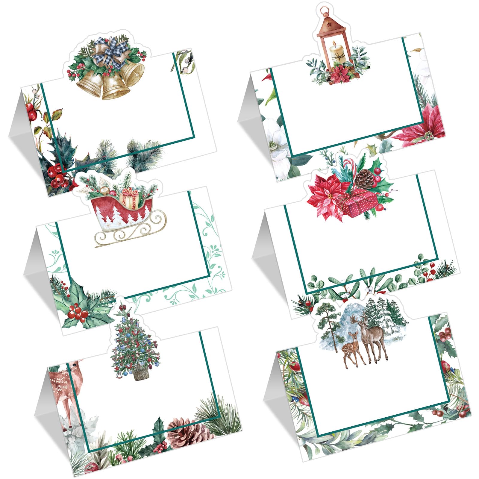 Whaline 48Pcs Christmas Place Cards Watercolor Holly Berry Seating Tent Name Cards Xmas Blank Folded Seat Assignment Setting Label for Wedding Baby Shower Party Supply