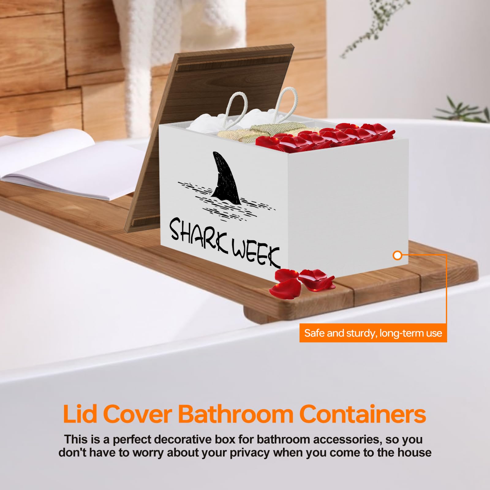 Tampon Holder for Bathroom,Tampon Storage Container,Feminine Product Organizer,Removable Organizer,Shark Week Wood Box with Lid,Tampon Organizer,Christmas Gifts for Mom and Female Friends (Black)