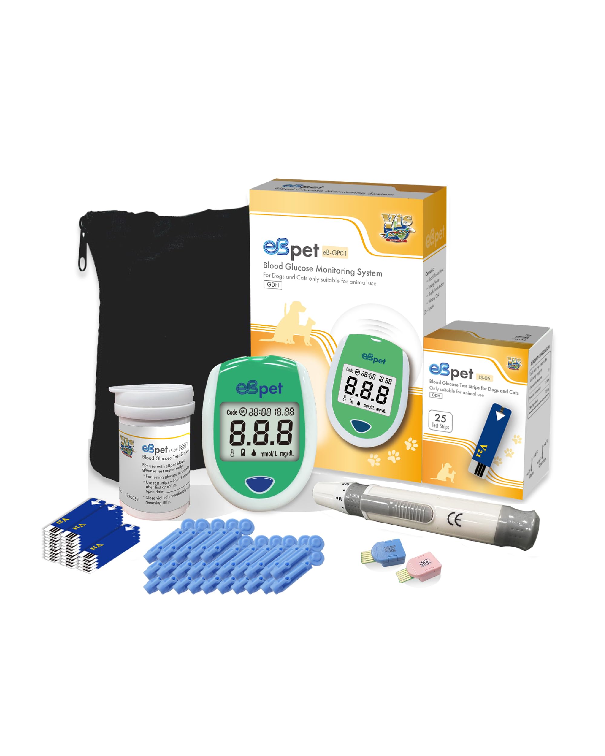 eBmonitor eBpet Blood Glucose Monitor System - Dogs and Cats Glucose Monitoring Kit 25 Blood Glucose Test Strips Lancing Device, Battery, 26 Gauge Sterile Lancets, and Carrying Case, Animal Care, Easy Switch between dogs and cats