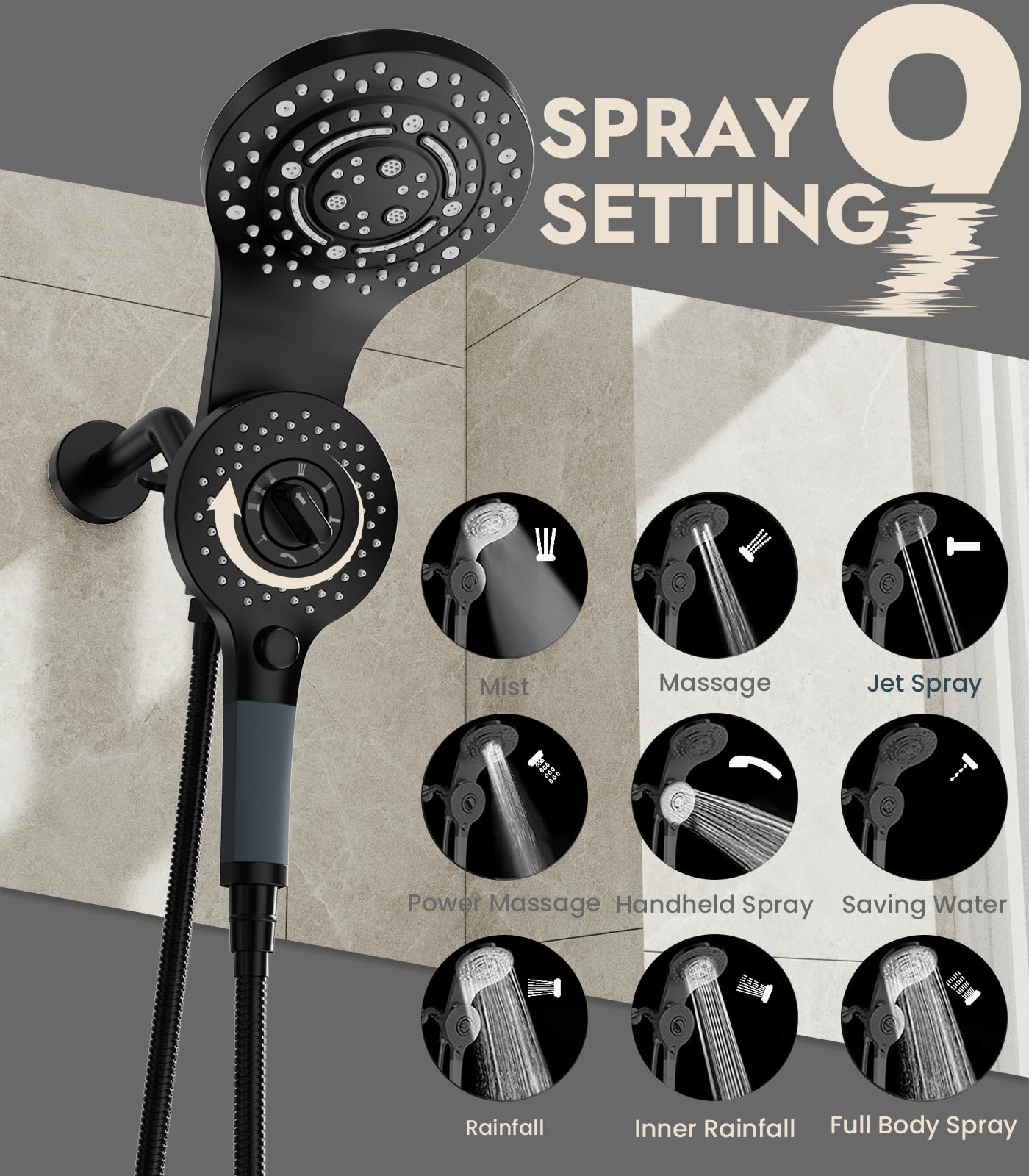 Shower Heads With Handheld Spray Combo, High Pressure 2 IN 1 Rainfall Shower Head with 9 Spray Modes, Anti-leak Shower Faucet with 72'' Stainless Steel Hose & Magnetic Hand Held Shower (Matte Black)