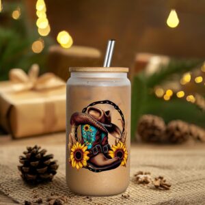 LEADO Western Cowgirl Hat Cups, Cowgirl Boots Glass Cup Mug, 16 oz Frosted Iced Coffee Cups w/Lid & Straw, Cowgirl Gifts, Western Stuff Gifts - Birthday, Christmas, Western Gifts for Women