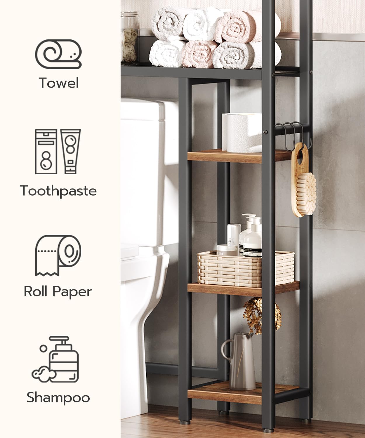 HOOBRO Over The Toilet Storage, 5-Tier Industrial Bathroom Organizer, Bathroom Space Saver with Toilet Paper Holder, Toilet Storage Rack, Small Spaces, Rustic Brown and Black BF84TS01