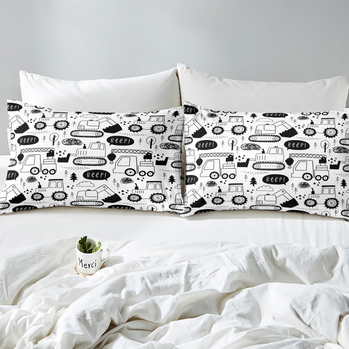 Cartoon Cars Kids Fitted Sheet Full Size,Tractor Truck Excavator Toddler Bedding Set,Girls Boys Adults Room Decor,Construction Vehicles Bed Cover,Black White Chic Bed Sheet,2 Pillowcases