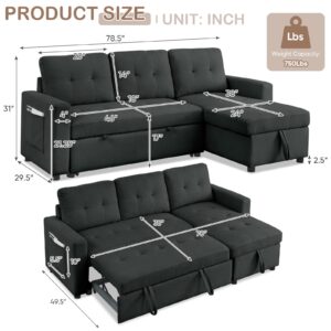 Antetek Reversible Sleeper Sectional Sofa with Pull-Out Bed, Comfy Tufted L-Shaped Sectional Sofa Couch Bed with Storage Chaise Side Pocket, Furniture Set for Living Room, Small Space, Black