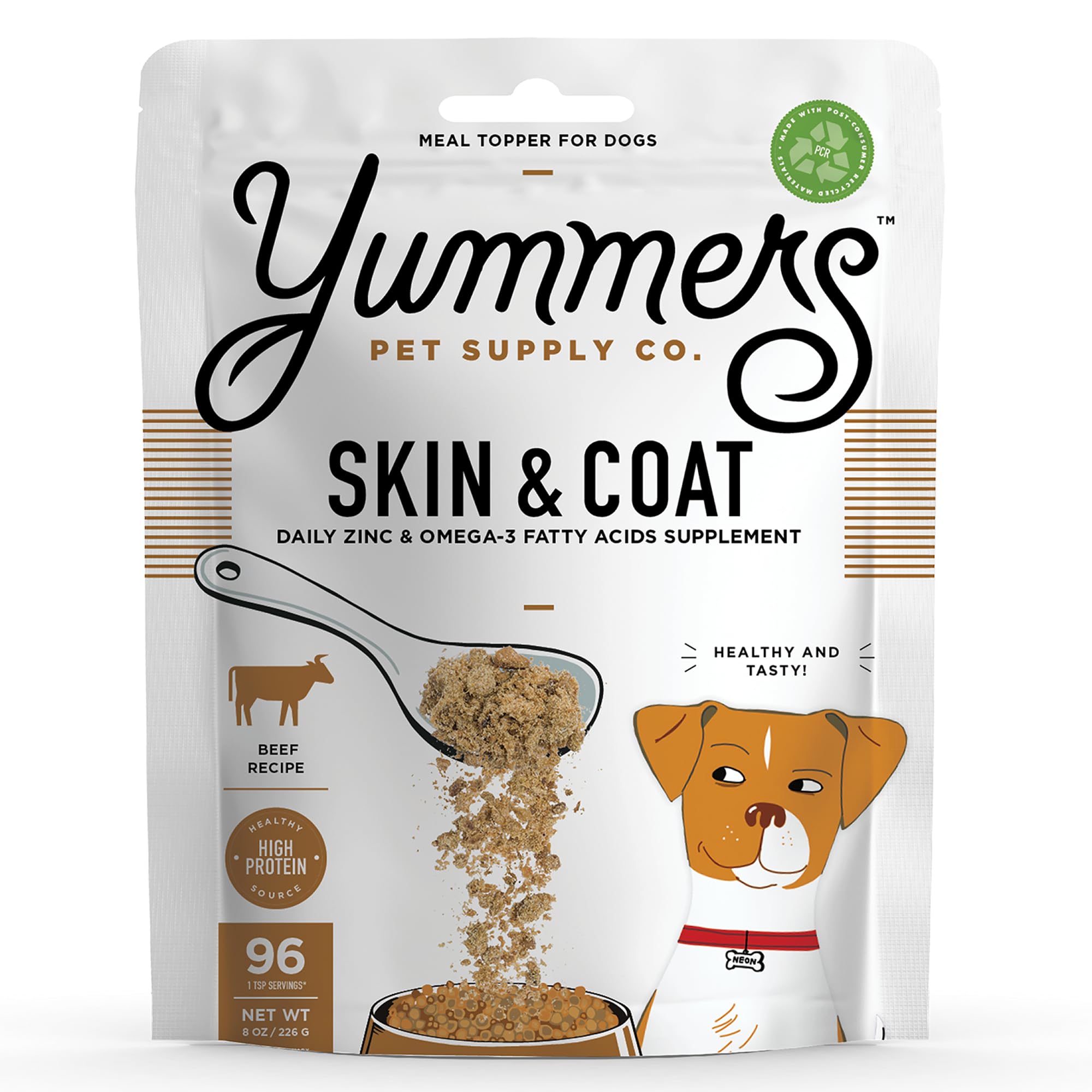 Yummers Skin & Coat, Zinc & Omega-3 Fatty Acids Supplement, Beef Recipe, 8 oz. - Dog Food Supplement Toppers - Dog Food Topper for Heart Health - Dog Food Topping Supplement - Yummers Dog Food Topper