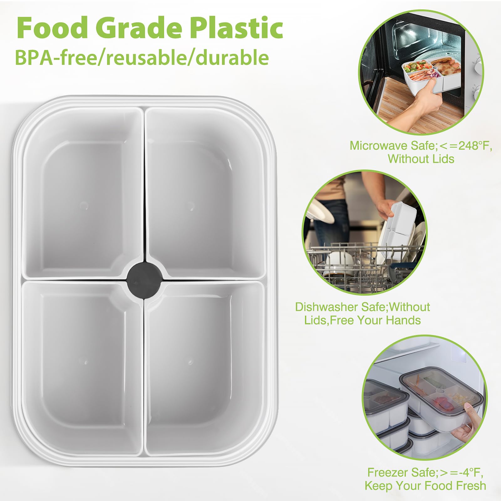 Freshmage® Veggie Tray with Lid, Small Divided Serving Tray Container with 4 Removable Compartments for Food Storage of Fruits/Vegetables/Snacks, DISHWASHER SAFE & BPA-FREE