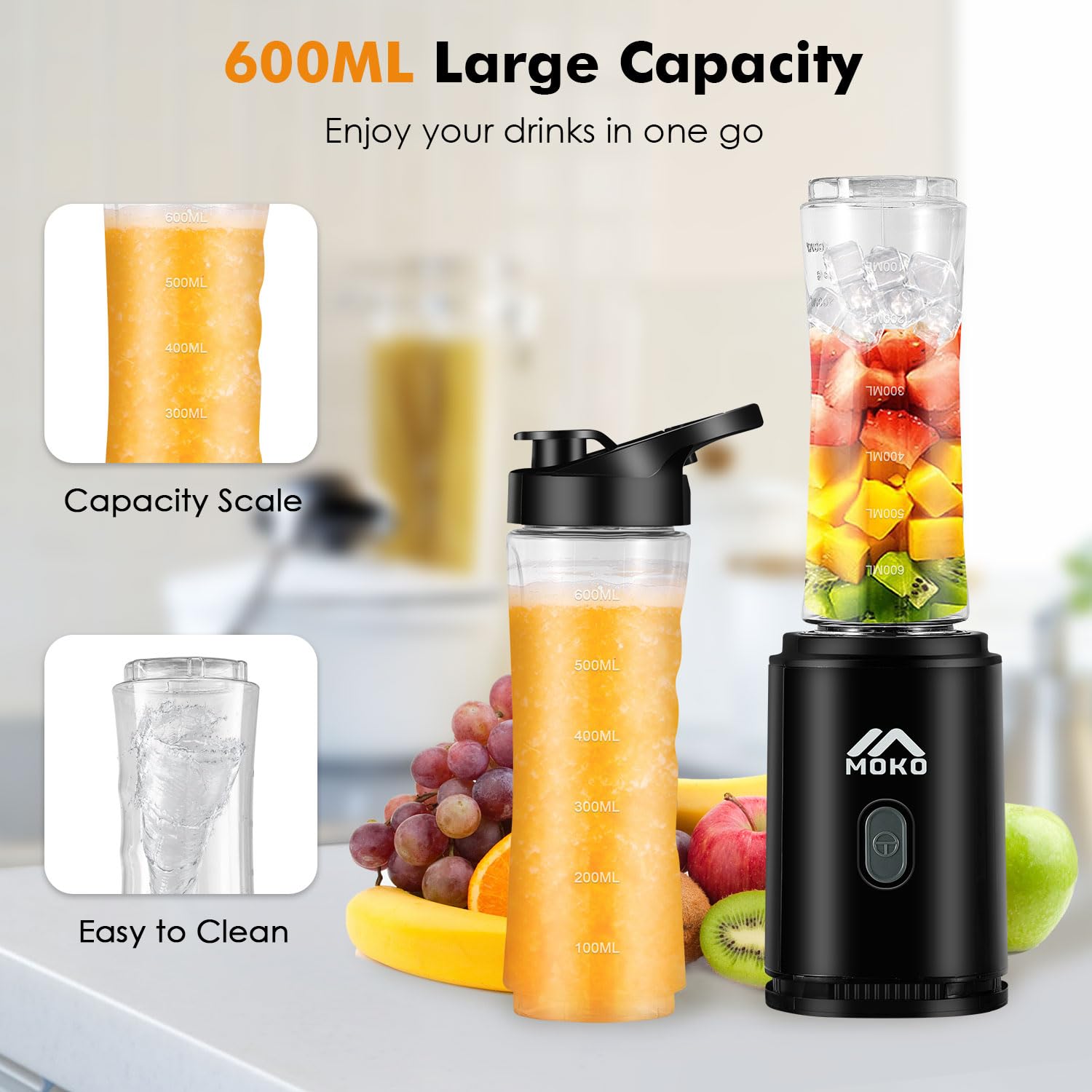 MoKo Countertop Blender for Kitchen for Smoothies/ice, Portable Blenders Personal Size with 22 OZ BPA Free Travel Cup and Lid, 6 Stainless Steel Blades for Powerful Blending, Black