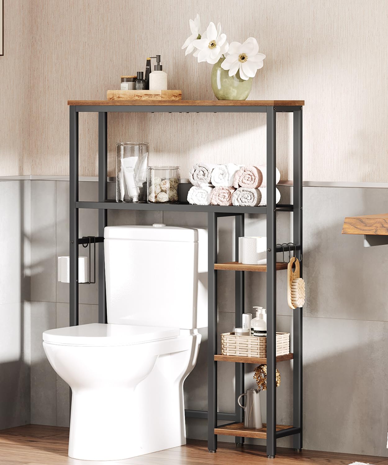 HOOBRO Over The Toilet Storage, 5-Tier Industrial Bathroom Organizer, Bathroom Space Saver with Toilet Paper Holder, Toilet Storage Rack, Small Spaces, Rustic Brown and Black BF84TS01