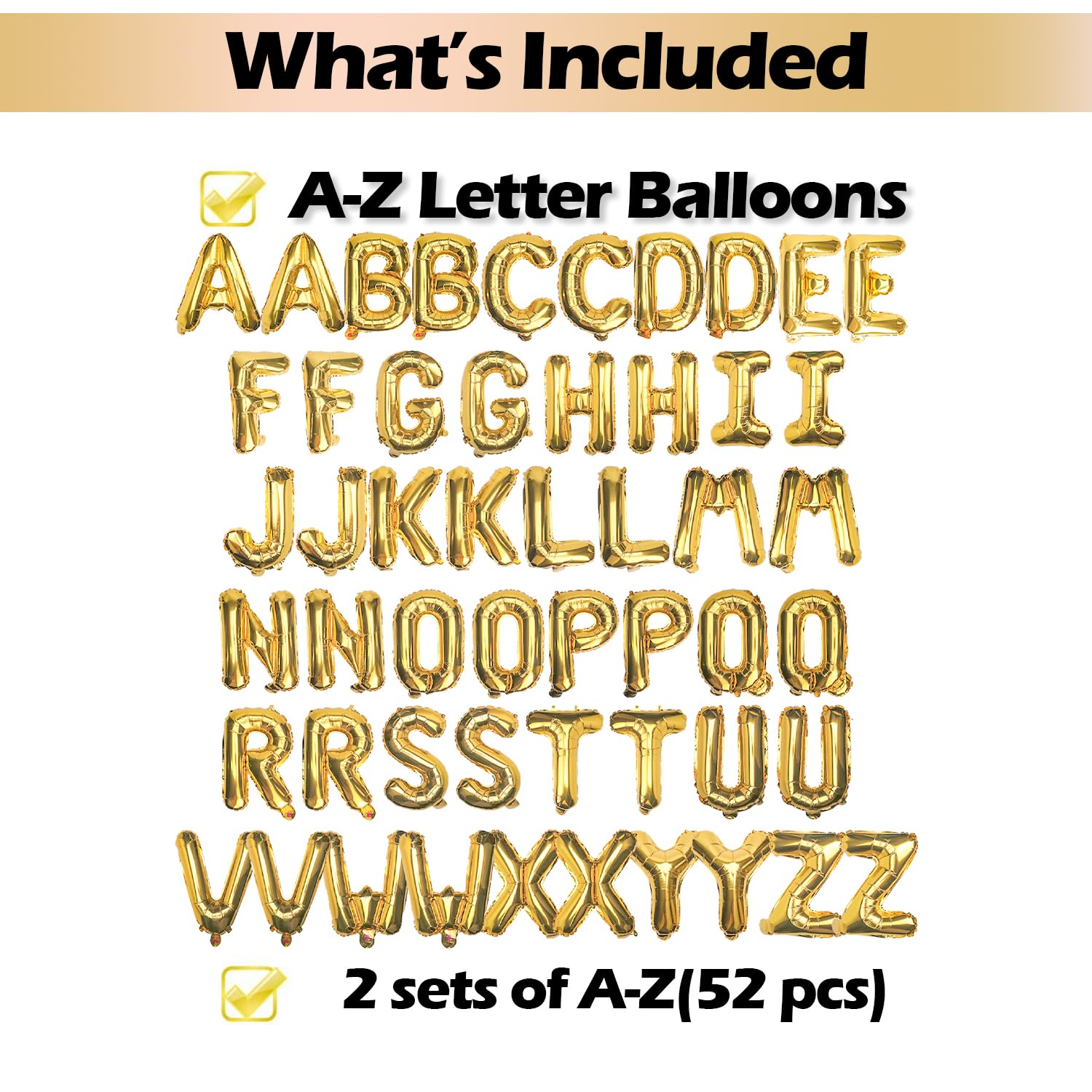 [52 PCS] 16" Foil Gold Letter Balloons 2 Sets of A-Z, Mylar Aluminum Hanging Alphabet for Graduation New Year eve Birthday Party Decorations