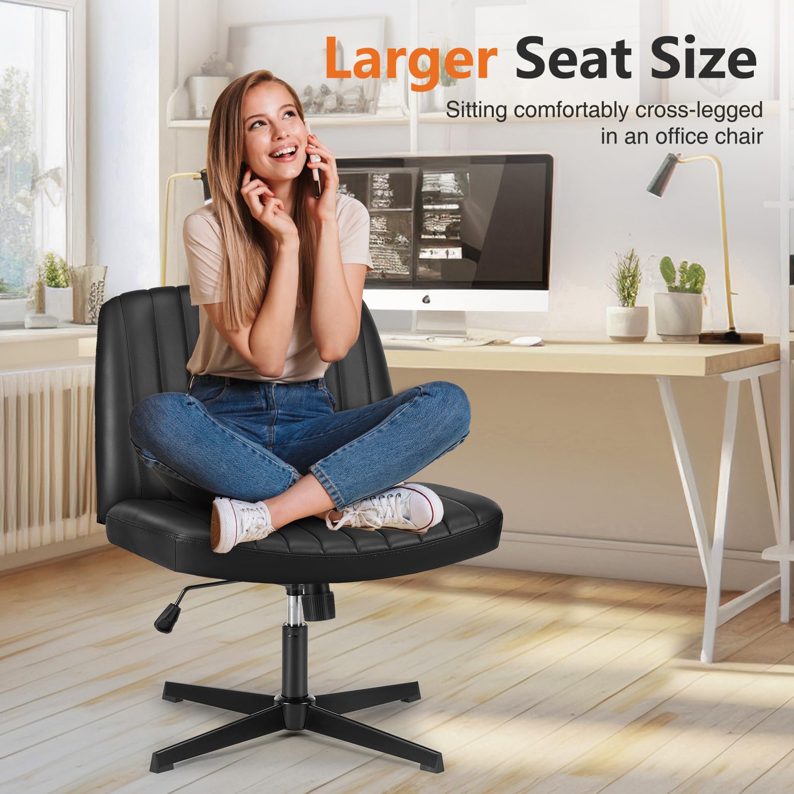 Sweetcrispy Office Chair No Wheels - Armless Desk Chair No Wheels Cross Legged Office Chair Wide Swivel Leather Home Office Desk Chairs