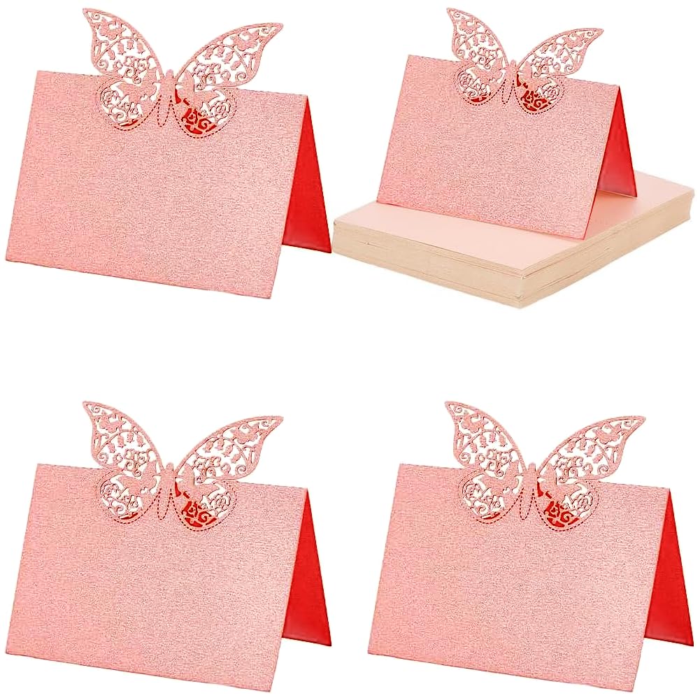 CRASPIRE 60Pcs Wedding Table Place Cards Pink Hollow Butterfly Paper 3D Seat Number Name Place Cards for Wedding Engagement Banquet Party Decoration Reception Holiday Birthday Dinner Supplies