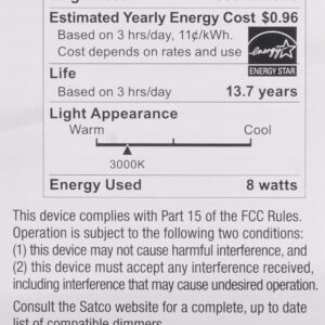 Satco S12463 8 Watt A19 LED Bulb, Clear, 3000K, Medium Base, 120 Volt, 4-Pack