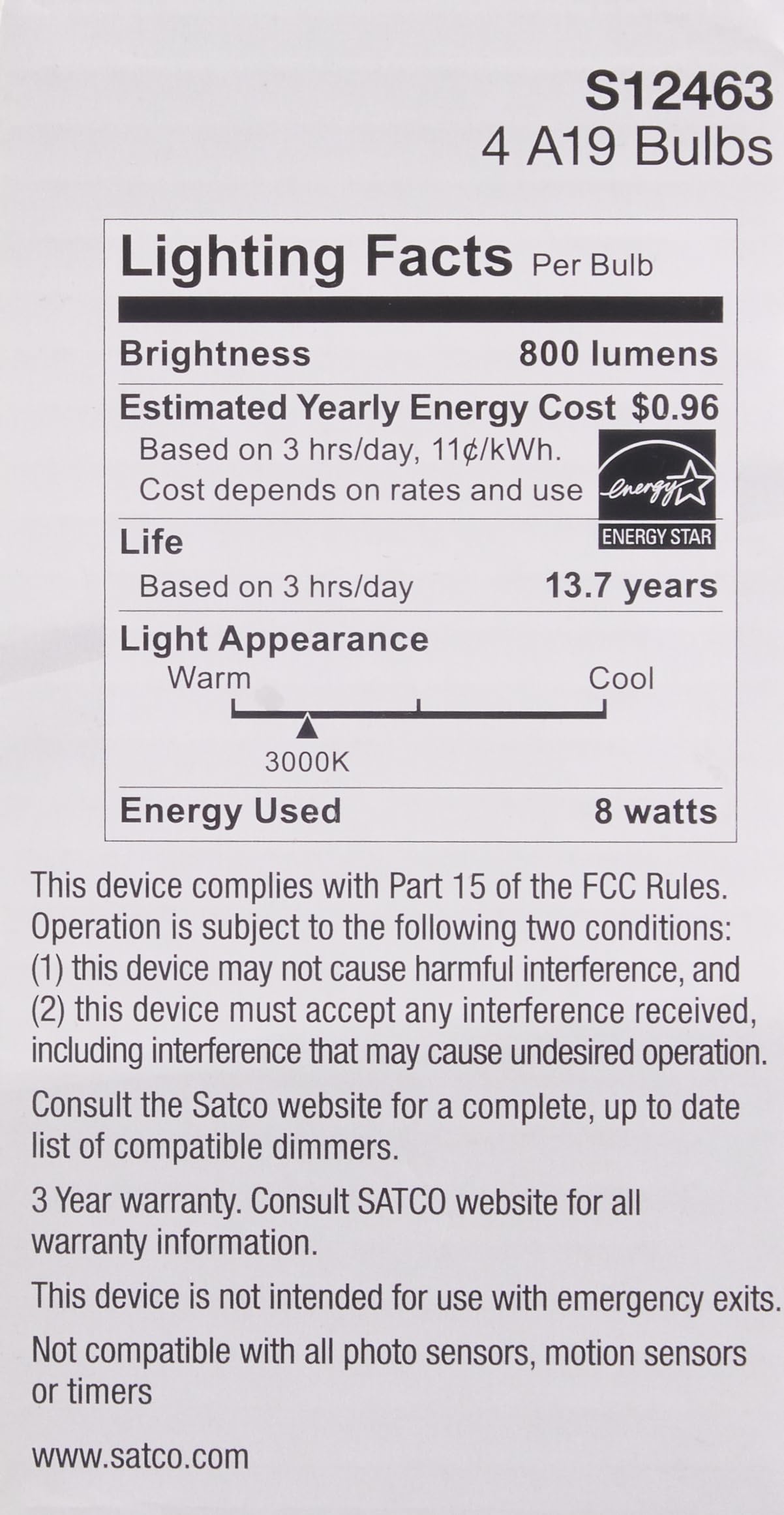 Satco S12463 8 Watt A19 LED Bulb, Clear, 3000K, Medium Base, 120 Volt, 4-Pack