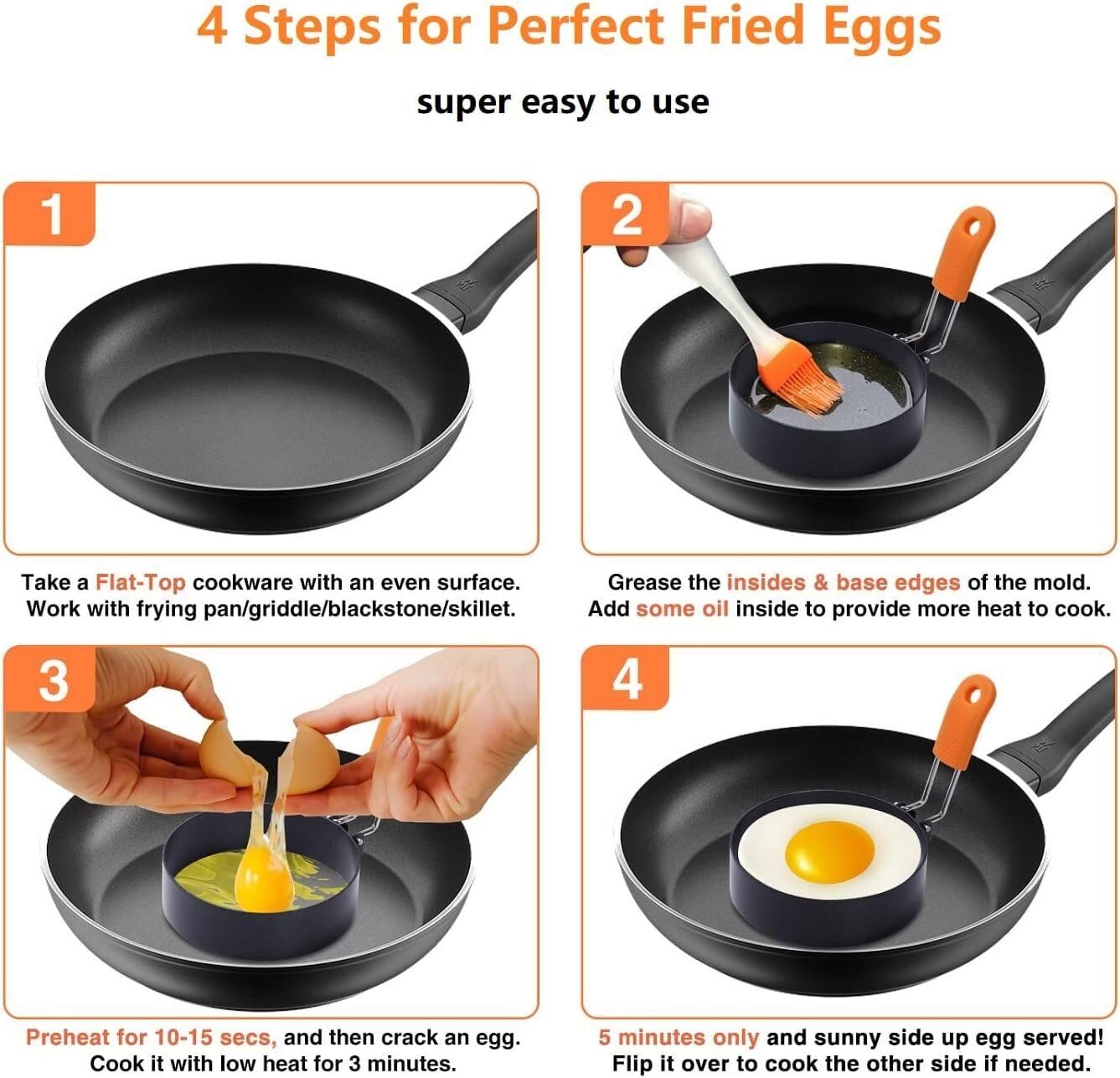 1-6 Pcs Non Stick Egg Frying Rings Perfect Circle Round Fried/Poach Mould Pancake (4 Pcs Ring Molds)