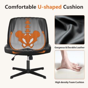 Sweetcrispy Office Chair No Wheels - Armless Desk Chair No Wheels Cross Legged Office Chair Wide Swivel Leather Home Office Desk Chairs