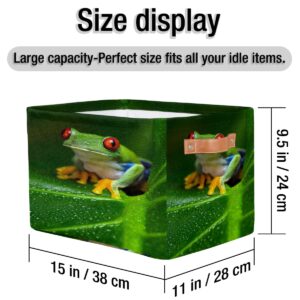 XMNYGJ Tree Frog Palm Leaf Storage Baskets Foldable Large Fabric Storage Bins for Organizing Toys, Clothes, Shelves, Closet, 15x11x9.5 Inches Storage Box with Handles 2-Pack