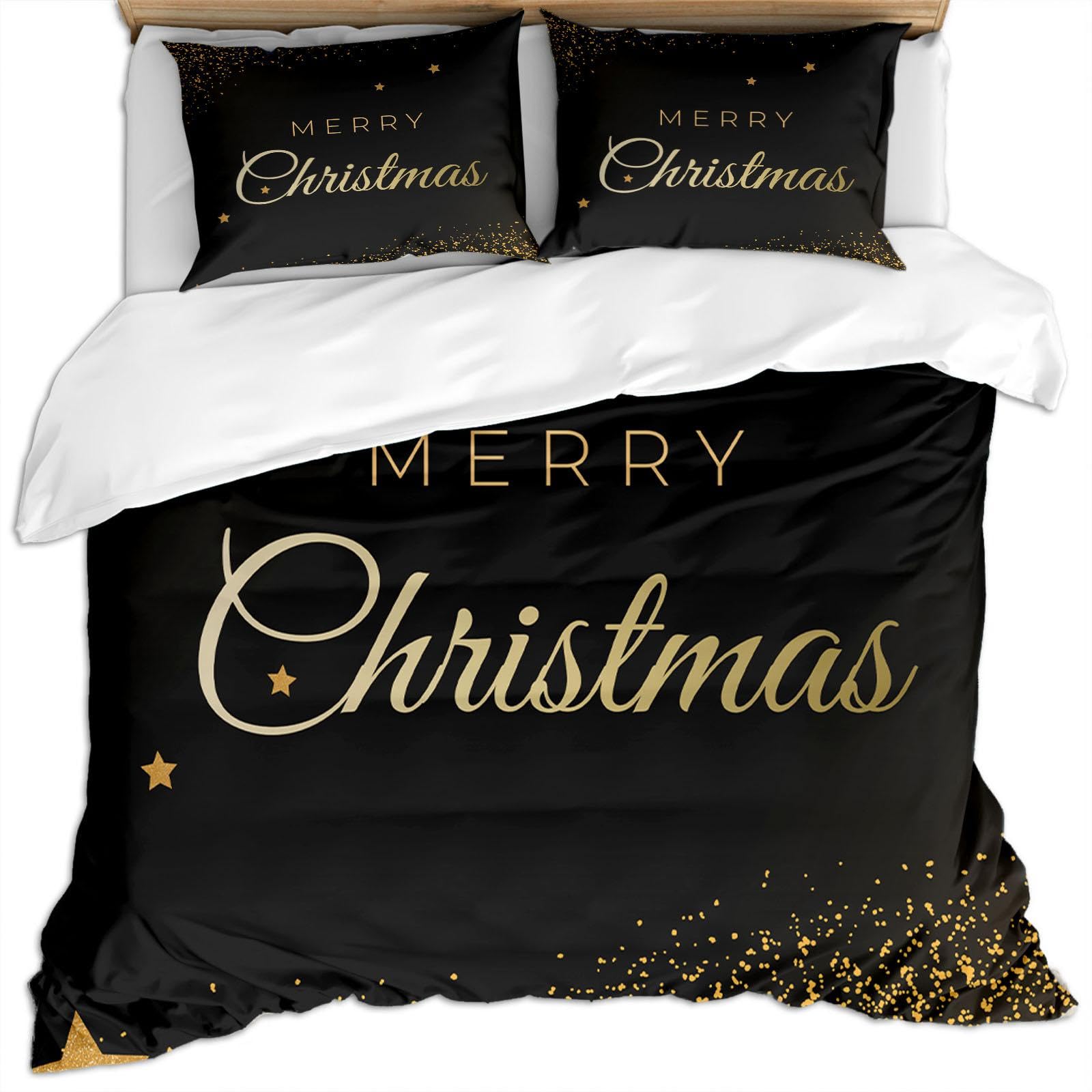 Light Luxury Merry Christmas Kid's Duvet Cover, Star Gold Powder Black Duvet Cover, Soft Warm Microfiber Breathable 3 Pieces Quilt Cover Set for Children Men Women 2 Pillow Shams (King 104" X 90")