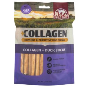 wild eats real duck collagen sticks for dogs (25 pack,5 inch) long lasting dog chews no hide dog treat bully stick rawhide free,grain free,high protein