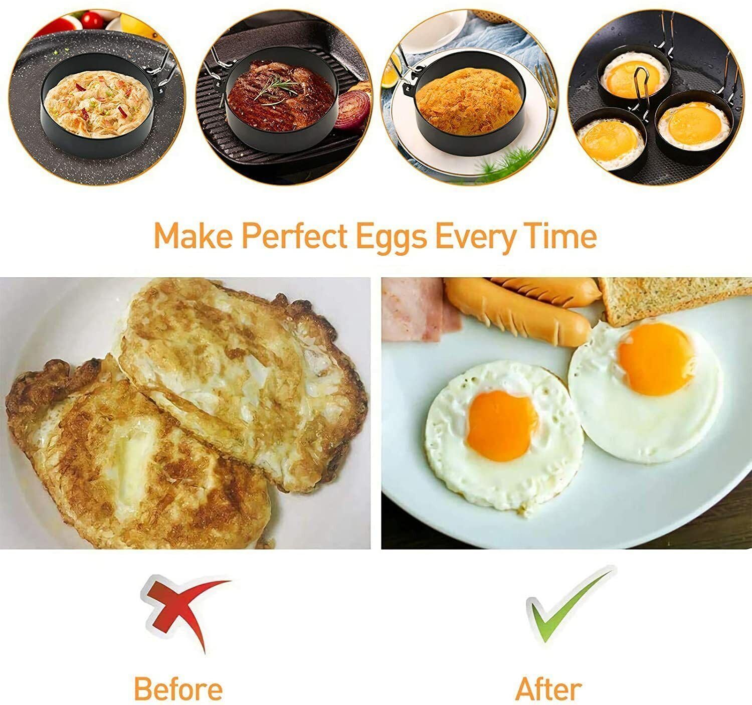 1-6 Pcs Non Stick Egg Frying Rings Perfect Circle Round Fried/Poach Mould Pancake (4 Pcs Ring Molds)