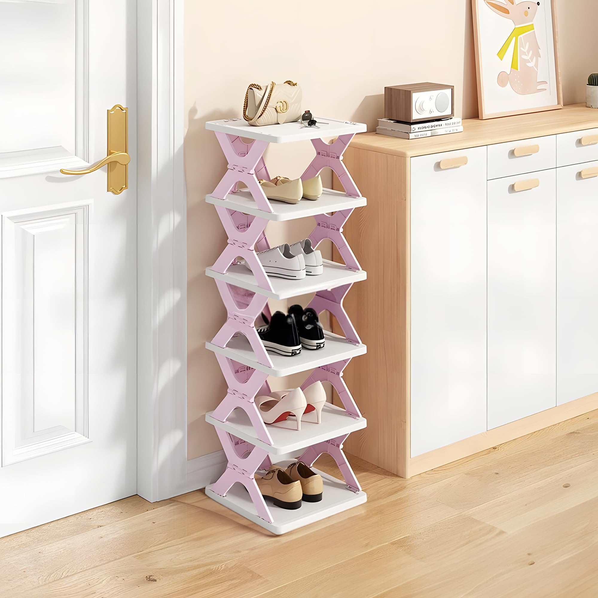 HUYFGDYSA 6 Tier Kids Shoe Rack Narrow Free Installation Foldable Organizer- Small Shoe Rack for Front Door Entrance Shoe Storage Flexible and Shoe Shelf Space Saving Organizer for Closet(Purple-X)