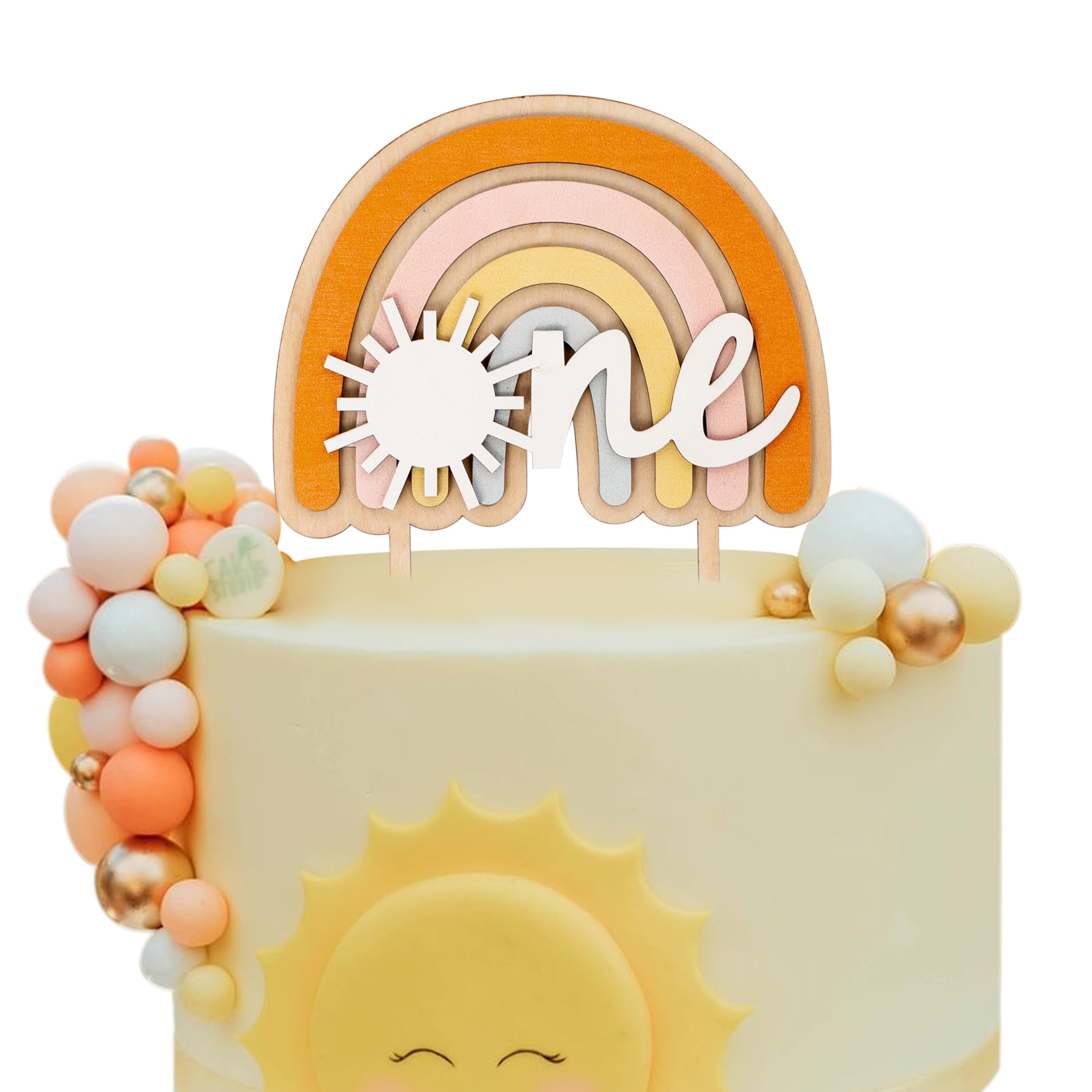 MUWEOL The Sun Wooden Cake Topper - Boho Theme 1st/First Birthday Party Decoration,Hippie Rainbow Baby Shower Supplies for Baby Boys Girls (boho sun topper)