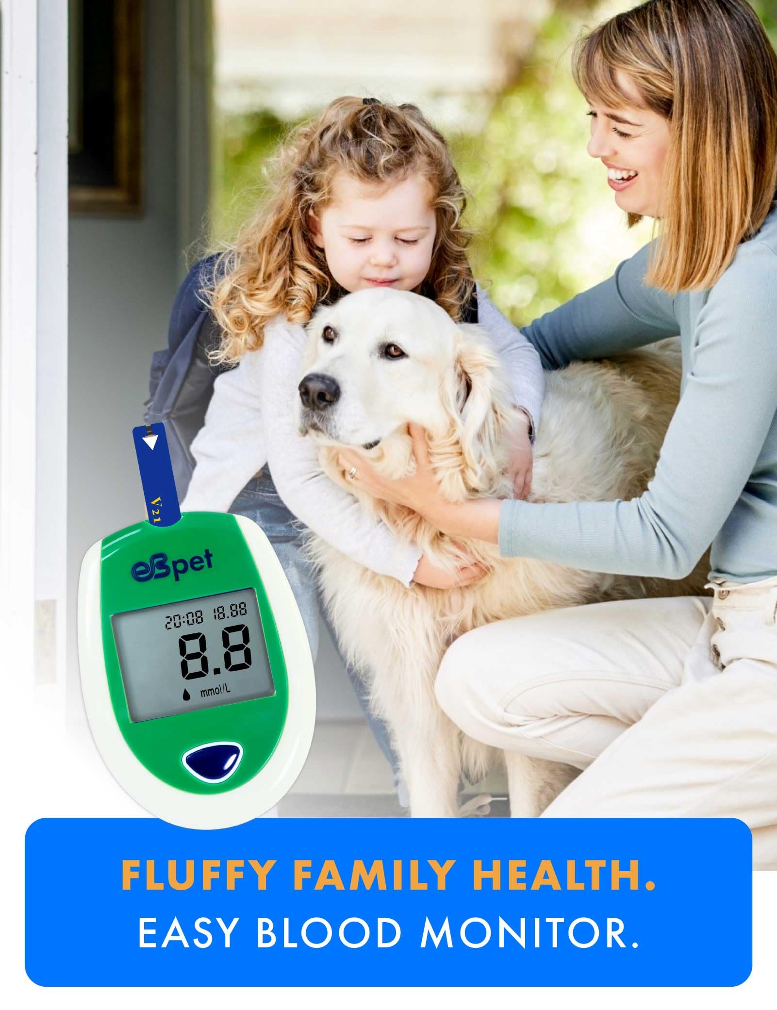 eBmonitor eBpet Blood Glucose Monitor System - Dogs and Cats Glucose Monitoring Kit 25 Blood Glucose Test Strips Lancing Device, Battery, 26 Gauge Sterile Lancets, and Carrying Case, Animal Care, Easy Switch between dogs and cats