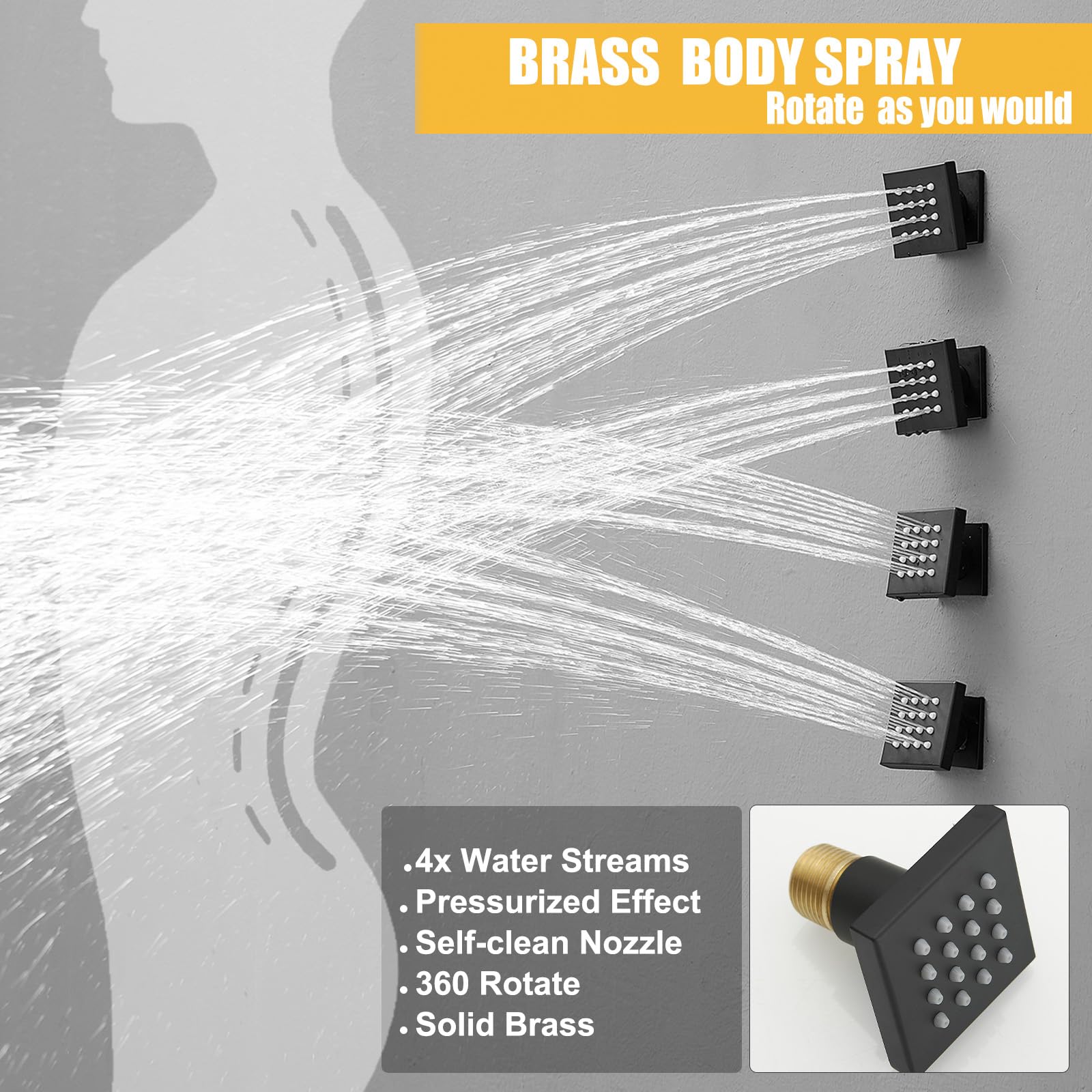 BESy 12 Inch Rain Shower Head System 4 Full Body Jets Set, Wall Mounted High Pressure Rainfall Shower Faucet Fixtures Combo with 2 in 1 Handheld Sprayer Hand Showerhead for Bathroom, Matte Black